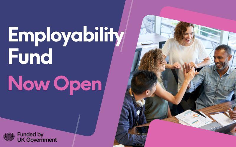Purple background with pink and blue squares. Photo of work colleagues smiling