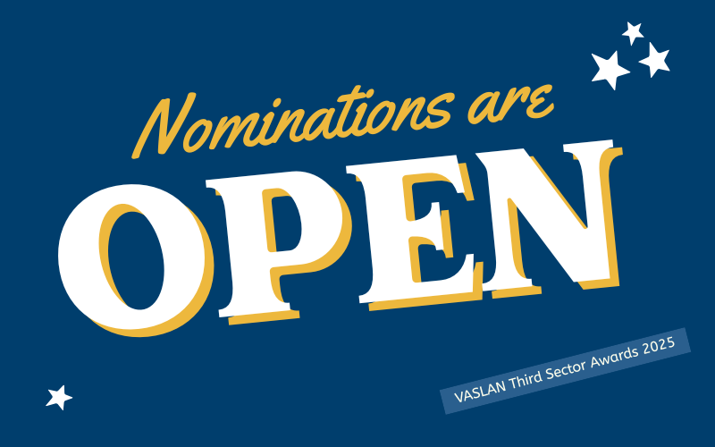 Blue rectangle that reads: Nominations are Open. Third Sector Awards 2025. 