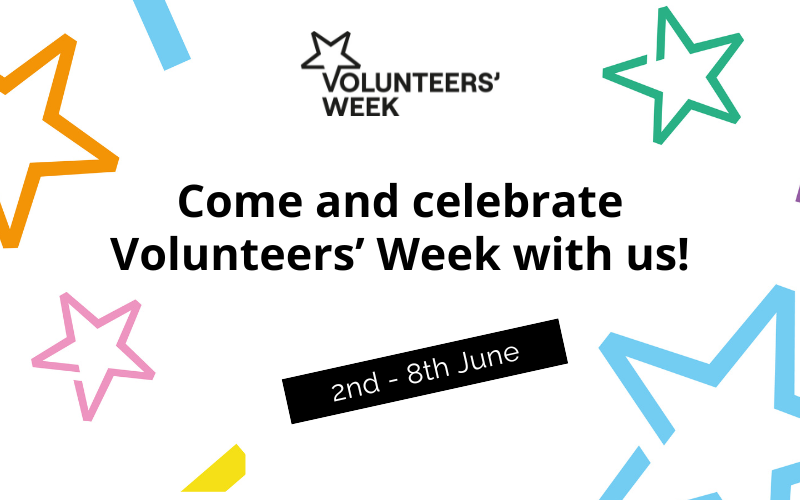 White background with colour stars. Text reads: Come and celebrate Volunteers' Week with us